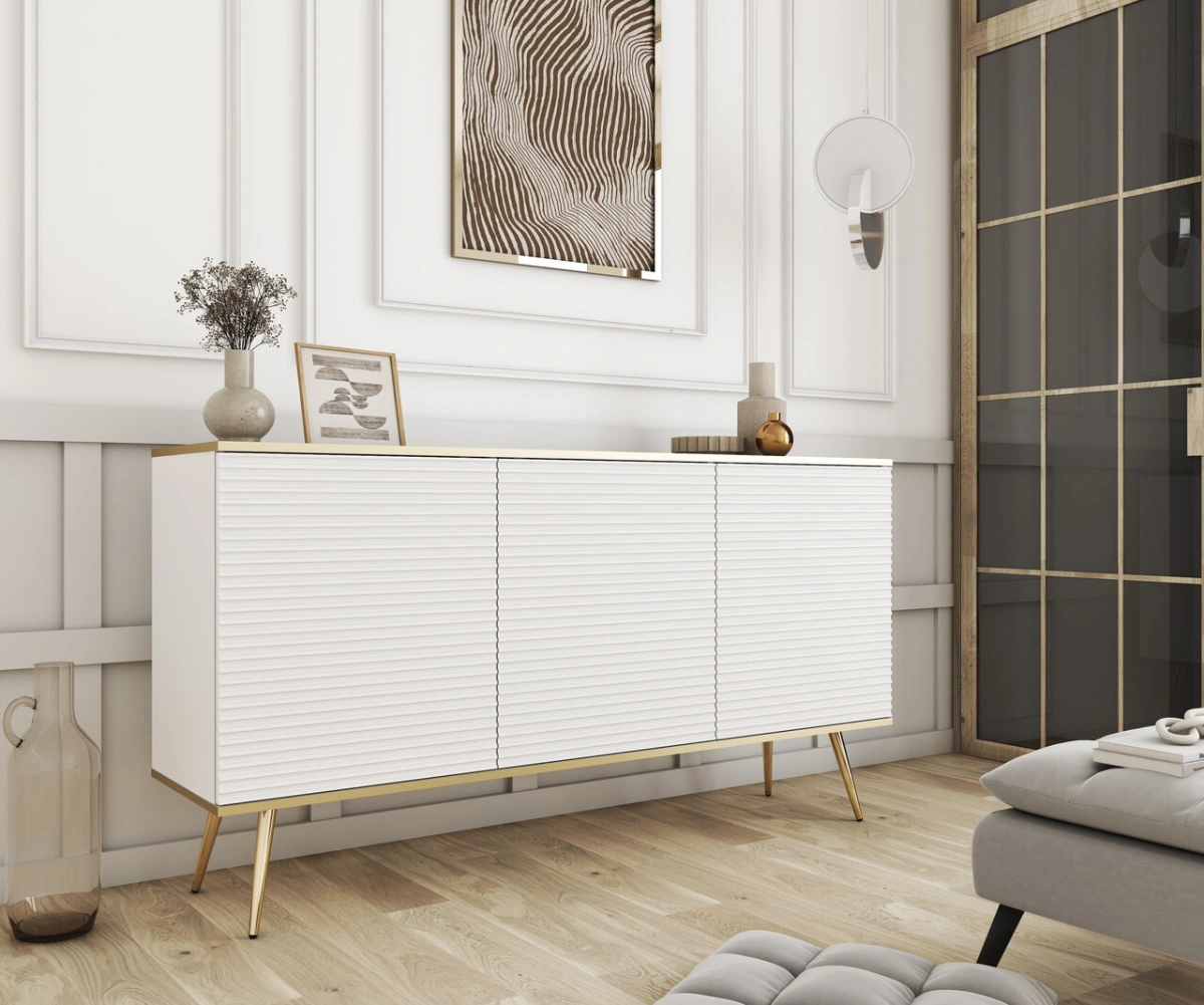Chest of drawers with cabinets Oro K160 white, grooved MDF - Image 2