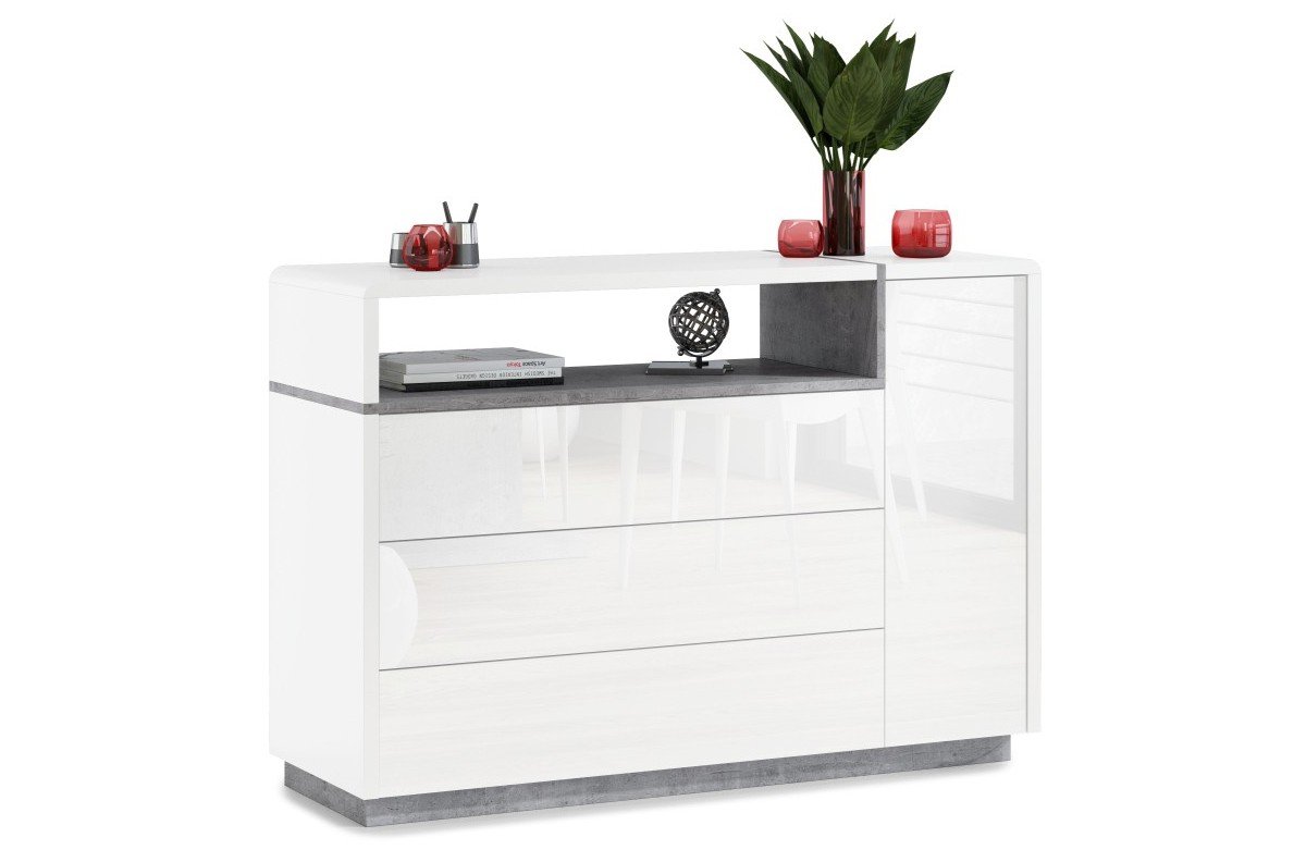 FOLK K-135 chest of drawers, glossy/matt white + "Millenium Concrete" – MODERN LIVING ROOMS