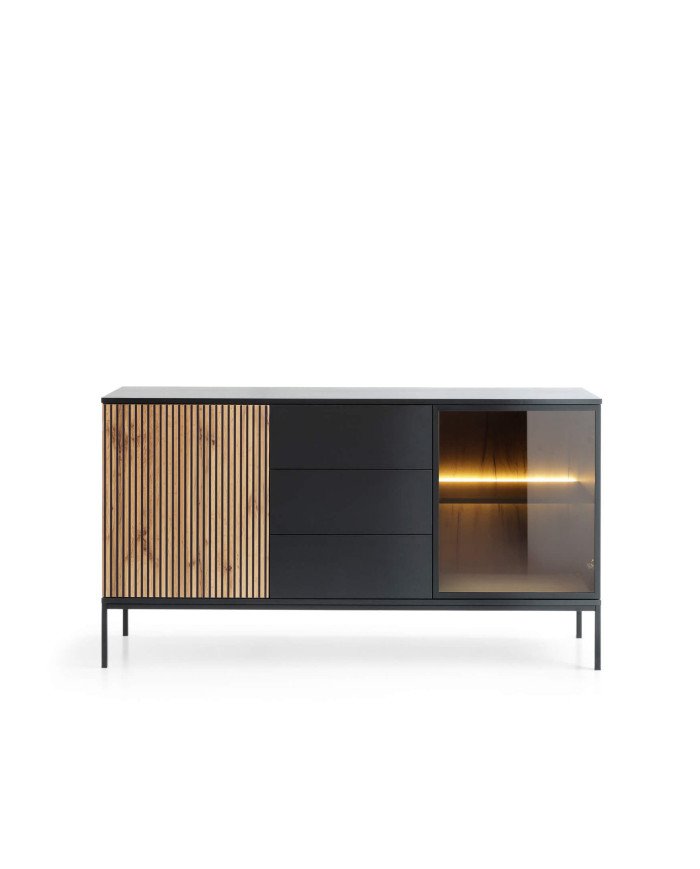 Sento KSZ154 chest of drawers, doors, drawers, lamps, black/Wotan oak
