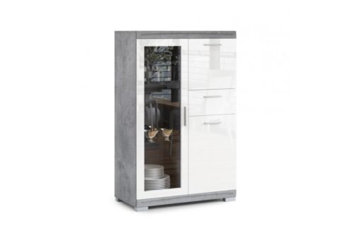 SIMPLE KWD3SZ1 Dresser “Millenium Concrete”/Glossy white – Display shelf, living room cabinet, glossy glass
