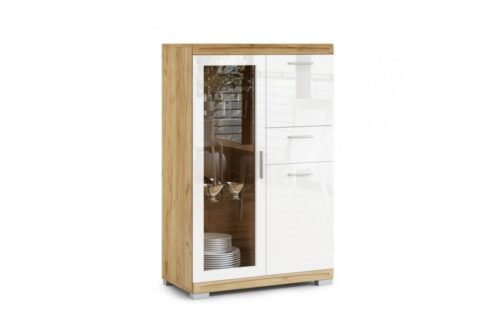 SIMPLE KWD3SZ1 Chest of drawers “Craft” oak, gold/white color, glossy – Display shelf, living room cabinet, glossy glass