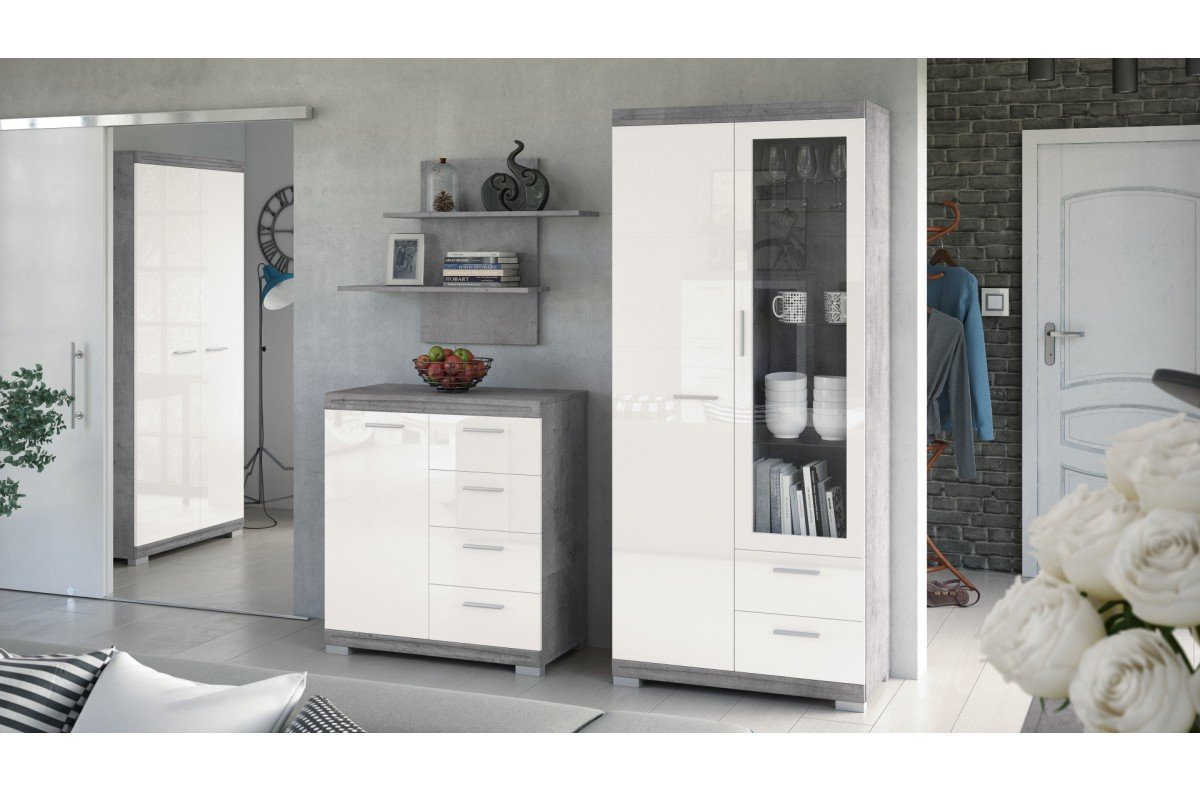 Narrow chest of drawers SIMPLE KD1SZ4 Millenium Concrete/Glossy white - LIVING ROOM CABINET WITH 4 DRAWERS - Image 2