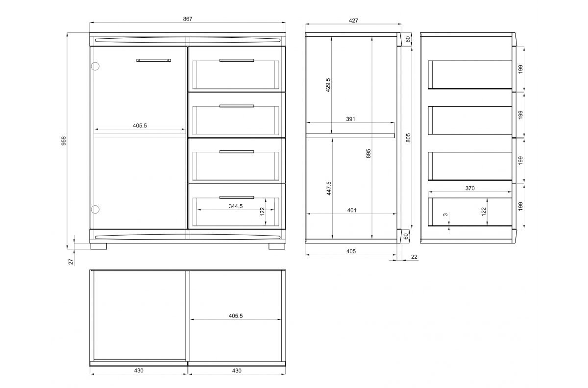 Narrow chest of drawers SIMPLE KD1SZ4 Millenium Concrete/Glossy white - LIVING ROOM CABINET WITH 4 DRAWERS - Image 3