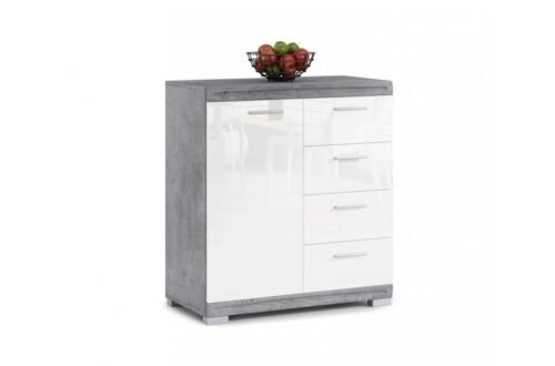 Narrow chest of drawers SIMPLE KD1SZ4 Millenium Concrete/Glossy white – LIVING ROOM CABINET WITH 4 DRAWERS
