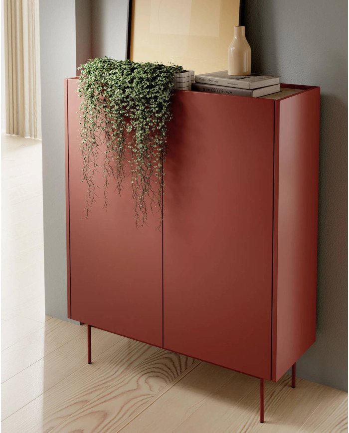 COLOR KD97 tall chest of drawers with doors, ceramic red / oak line - Image 4