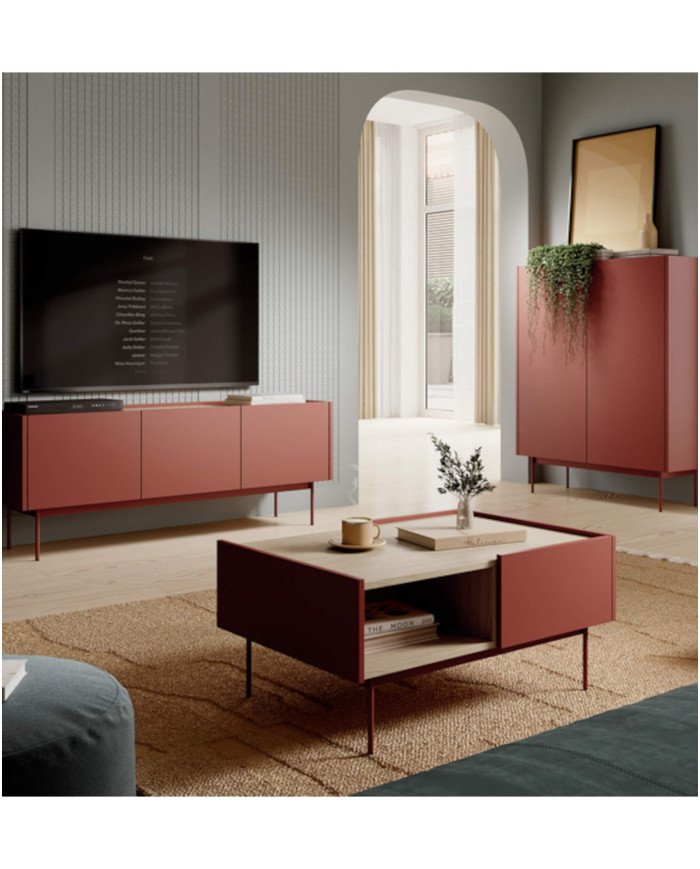 COLOR KD97 tall chest of drawers with doors, ceramic red / oak line - Image 5