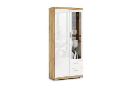 Tall chest of drawers SIMPLE KWD2SZ2 Craft oak gold/white glossy color – LIVING ROOM SHELF SHELF CUPBOARD