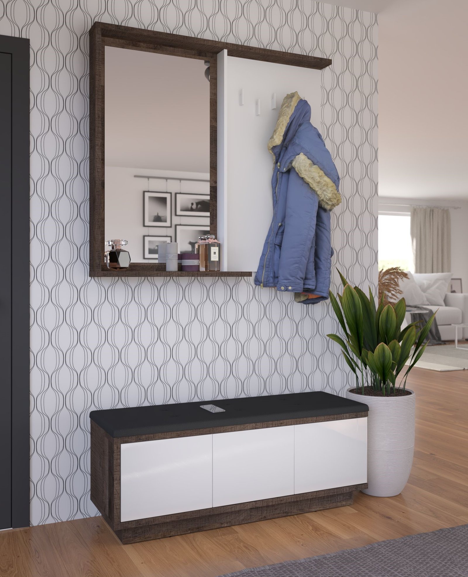 HYBRID #5 hallway furniture with mirror, cabinet with seat, white oakHYBRID