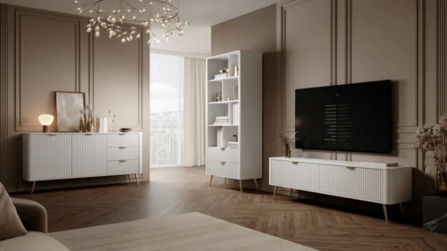 Living room wall cabinet Lante, white with grooves
