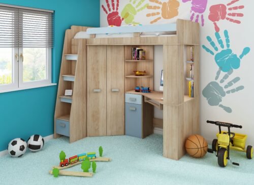 SOLA L bunk bed with table, corner wardrobe, mezzanine, Sonoma oak, blue