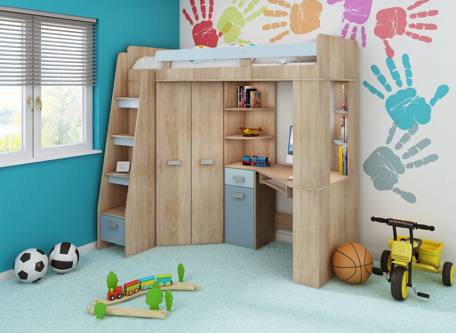 SOLA L bunk bed with table, corner wardrobe, mezzanine, Sonoma oak, blue