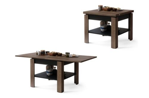 LEO brown oak/matte black – compact coffee table with extendable table top