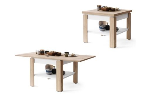 LEO Sonoma oak/matte white – compact coffee table with extendable table top