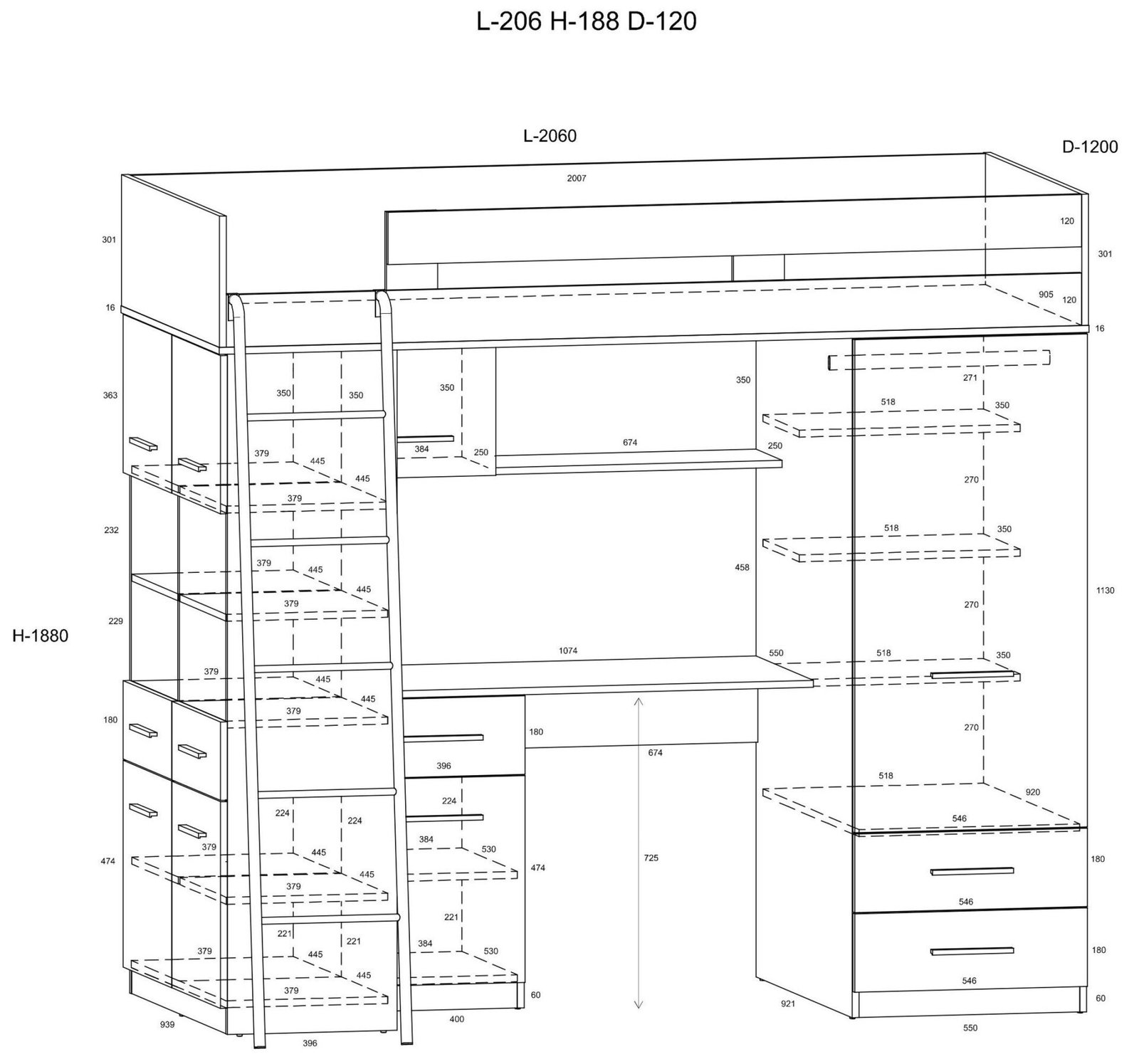 VELVE L mezzanine with table, wardrobe, chest of drawers, engraved oak, almond color - Image 8