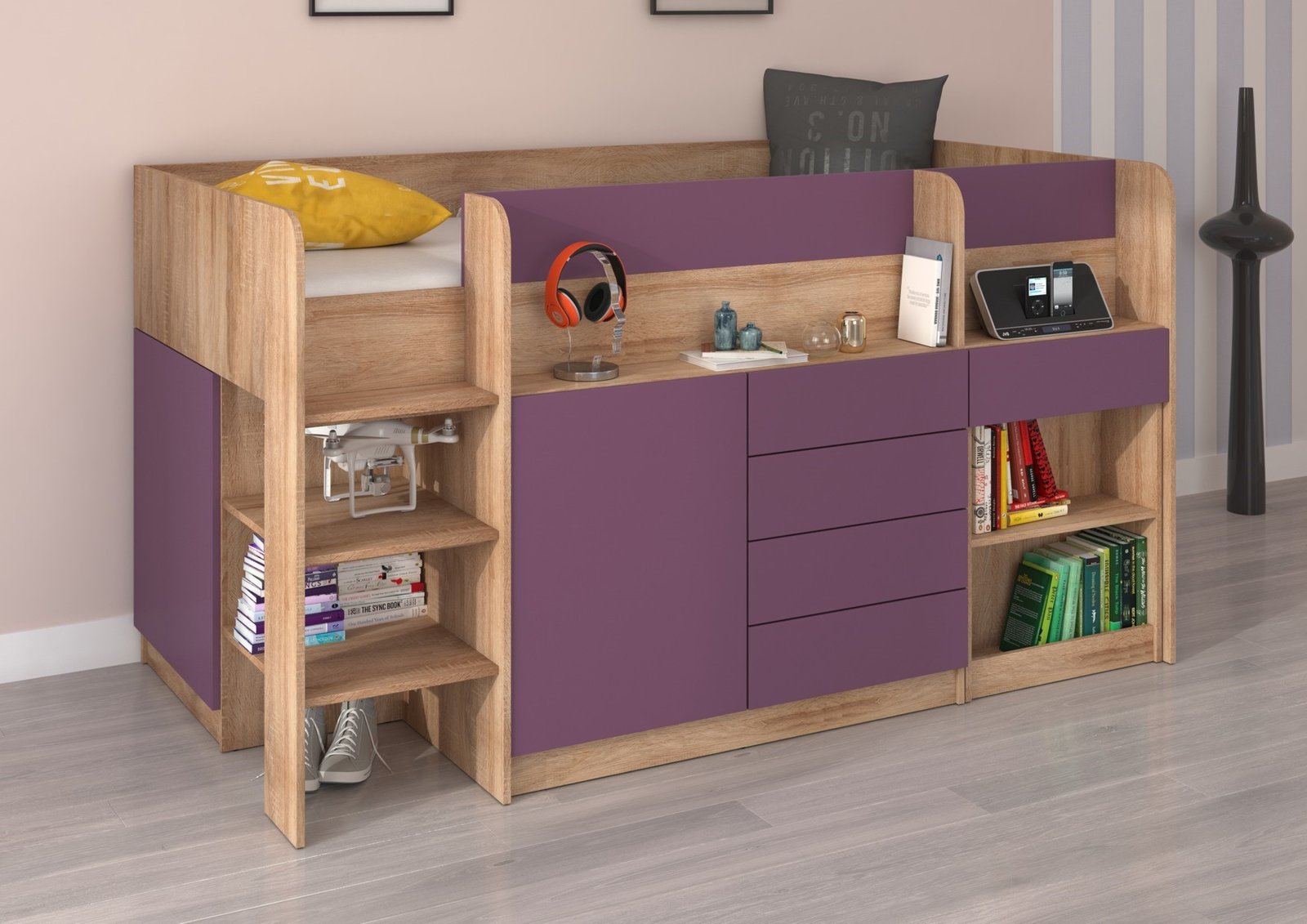 EMI L bunk bed, desk, chest of drawers, mezzanine, Sonoma oak, purple - Image 2