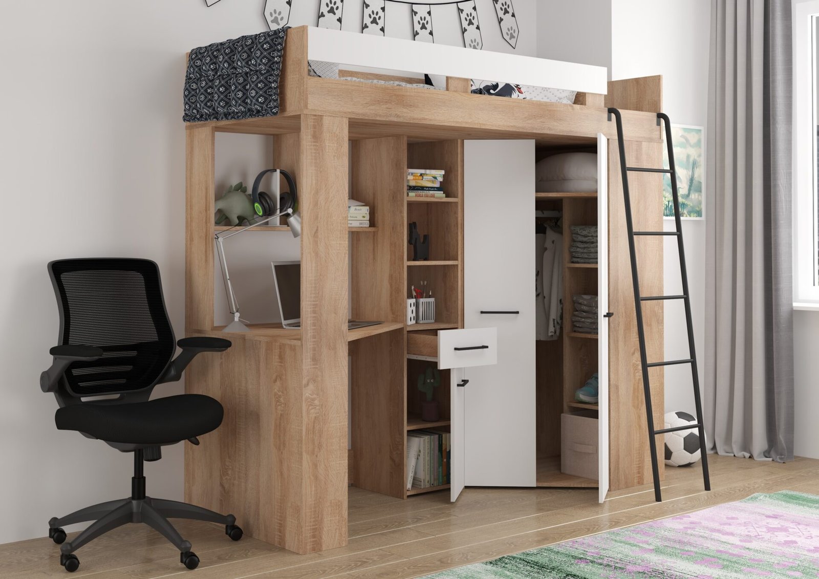 FLO P bunk bed with table, corner wardrobe, mezzanine, Sonoma oak, white - Image 5