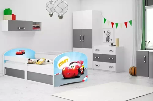 LUKI 1 single children’s bed 80×160 with mattress and storage box, Car, white