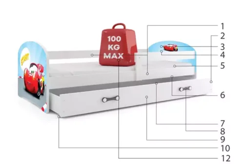 CHILDREN’S BED, FIRST FLOOR WITH HATCH, WHITE FRAMES, CAR STICKER, DRAWER, WHITE 80 X 160 SET