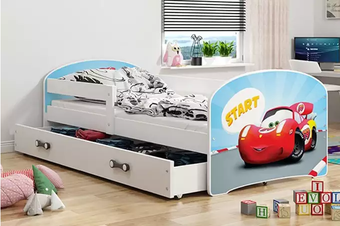 CHILDREN'S BED, FIRST FLOOR, WHITE FRAME, CAR STICKER, DRAWER, WHITE, WITHOUT MATTRESS, 80 X 160 SET - Image 2