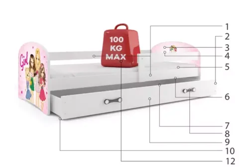 Children’s bed, first floor, white frame, sticker, for girls, drawer, white, 80 x 160 cm, set