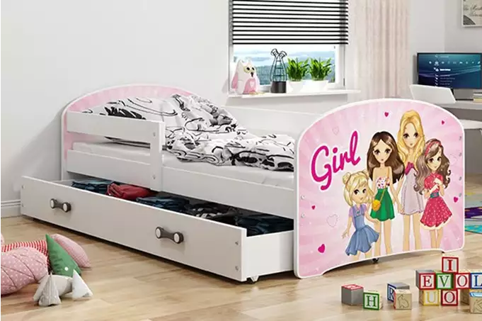 Children's bed, first floor, white frame, sticker, for girls, drawer, white, 80 x 160 cm, set - Image 2