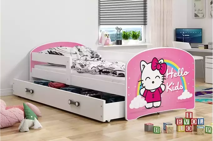 CHILDREN'S BED, FIRST FLOOR WITH SPACER, WHITE FRAME, "HELLO KIDS" STICKER, WHITE DRAWER, 80 X 160 SET - Image 4