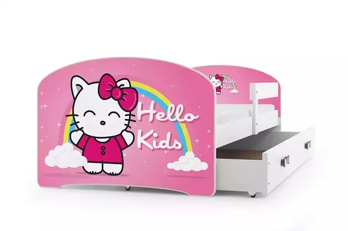 CHILDREN'S BED, FIRST FLOOR WITH SPACER, WHITE FRAME, "HELLO KIDS" STICKER, WHITE DRAWER, 80 X 160 SET - Image 5