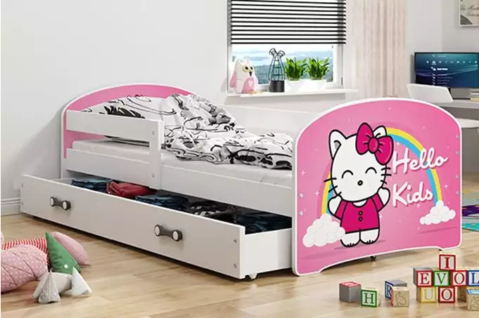 CHILDREN'S BED, FIRST FLOOR WITH SPACE, WHITE FRAME, "HELLO KIDS" STICKER, WHITE DRAWER, WITHOUT MATTRESS, 80 X 160 SET - Image 2