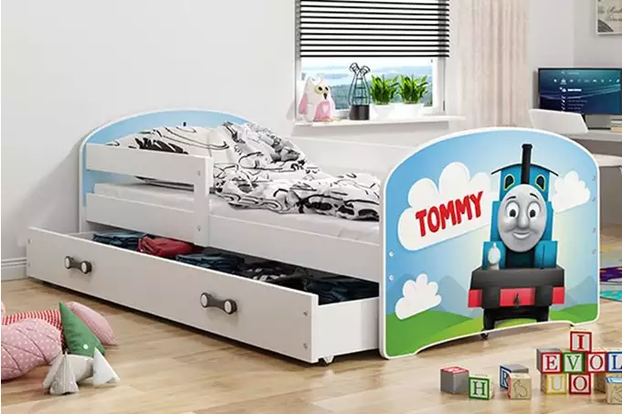 CHILDREN'S BED, FIRST FLOOR, WHITE FRAME, "TOMMY" STICKERS, WHITE DRAWER, WITHOUT MATTRESS, 80 X 160 SET - Image 2