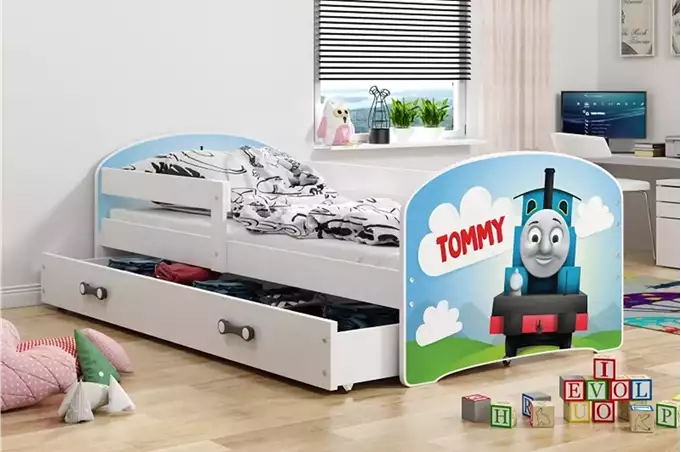 CHILDREN'S BED, FIRST FLOOR, WHITE FRAME, "TOMMY" STICKERS, WHITE DRAWER, WITHOUT MATTRESS, 80 X 160 SET - Image 4