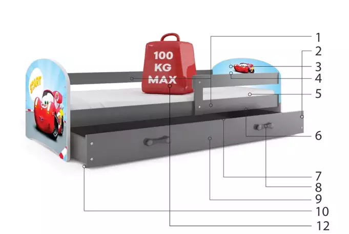 CHILDREN'S BED, FIRST FLOOR SPACES, GRAPHITE FRAME, CAR STICKER, GRAPHITE DRAWER, 80 X 160 SET