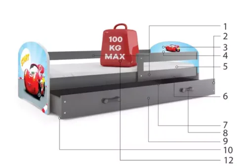 CHILDREN’S BED, FIRST FLOOR WITH SPACER, GRAPHITE FRAME, CAR STICKER, GRAPHITE DRAWER, WITHOUT MATTRESS, 80 X 160 SET