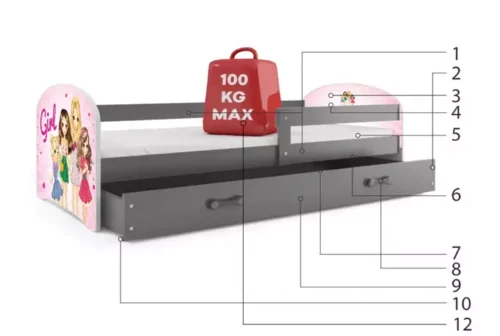 Children’s bed, ground floor with hatches, graphite frame, sticker for girls, graphite drawer, 80 x 160 cm, set