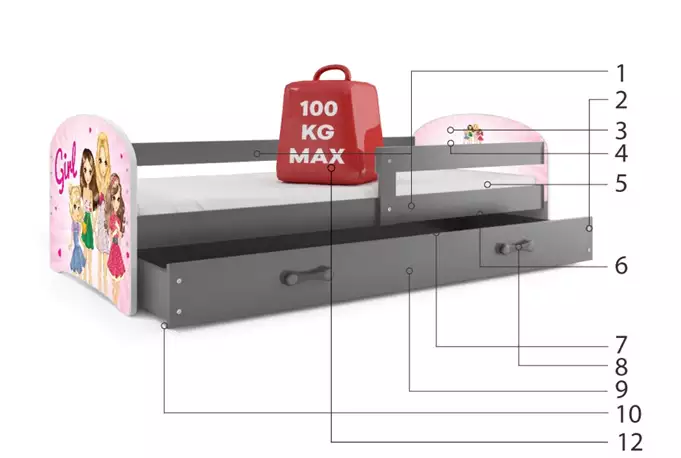 Children's bed, ground floor with hatches, graphite frame, sticker for girls, graphite drawer, 80 x 160 cm, set