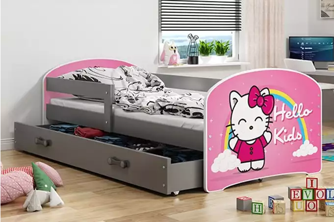 CHILDREN'S BED, FIRST FLOOR SPACERS, GRAPHITE FRAME, "HELLO KIDS" STICKER, GRAPHITE DRAWER, 80 X 160 SET - Image 2