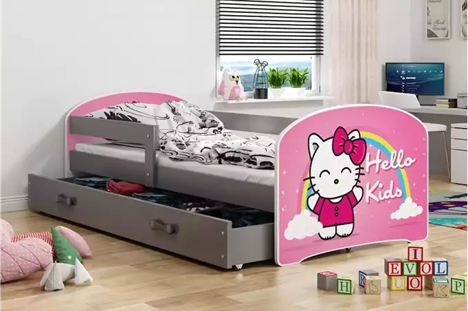 CHILDREN'S BED, FIRST FLOOR SPACERS, GRAPHITE FRAME, "HELLO KIDS" STICKER, GRAPHITE DRAWER, 80 X 160 SET - Image 4