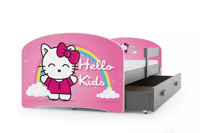 CHILDREN'S BED, FIRST FLOOR WITH SPACER, GRAPHITE FRAME, "HELLO KIDS" STICKER, GRAPHITE DRAWER, WITHOUT MATTRESS, 80 X 160 SET - Image 5