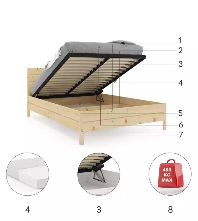 Wooden bed 180x200 - Continental pine with lifting frame - Image 4