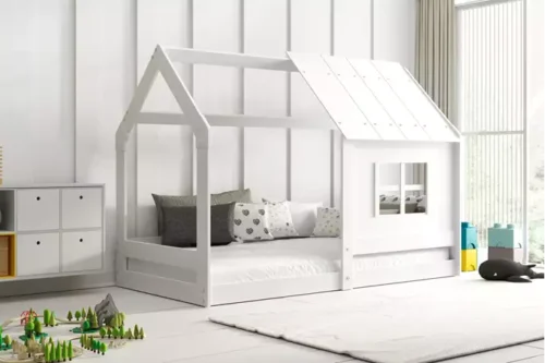 Children’s cabin bed with canopy, white, 80×160, with mattress