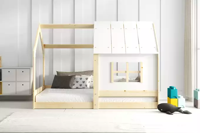 Children's cabin-shaped bed with canopy, natural wood, 80x160, with mattress - Image 2