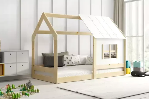 Children’s cabin-shaped bed with canopy, natural wood, 80×160, with mattress