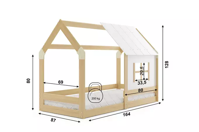 Children's cabin-shaped bed with canopy, natural wood, 80x160, with mattress - Image 5
