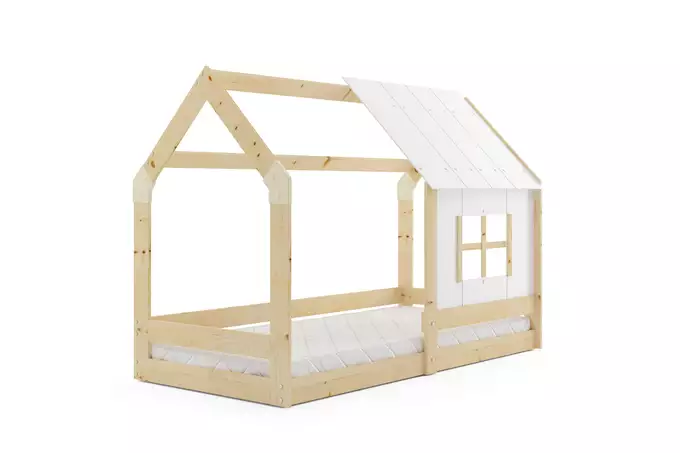 Children's cabin-shaped bed with canopy, natural wood, 80x160, with mattress - Image 3