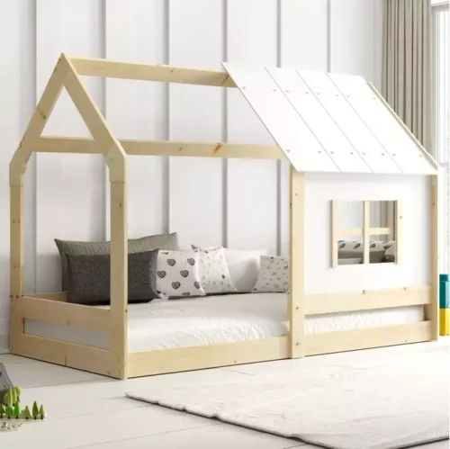 Children’s house bed with canopy made of natural wood 80×160