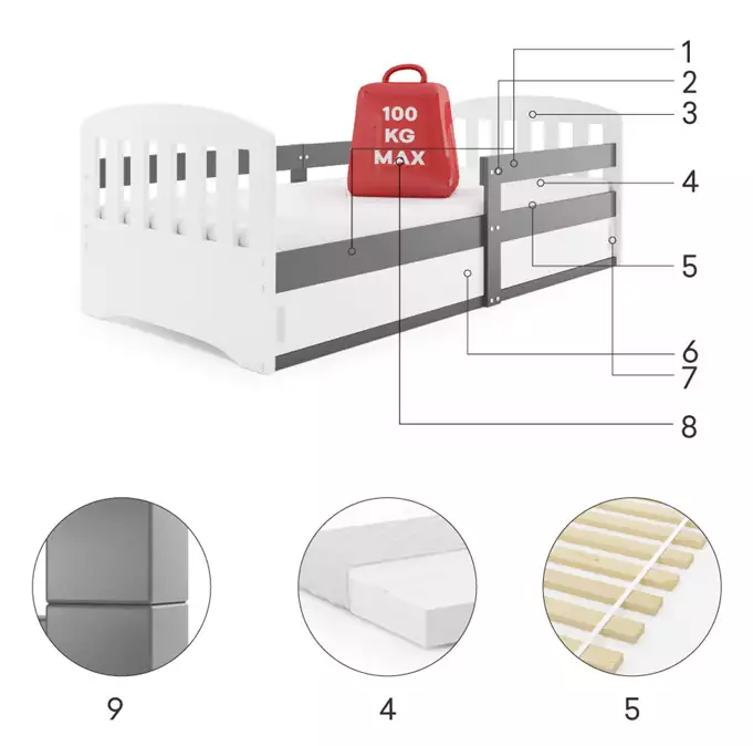 CLASSIC single children's bed 80x160 with mattress and storage box, graphite color - Image 4