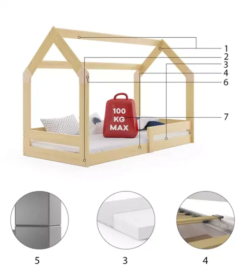 Single children’s bed DOMEK 1 80X160 with mattress, pine