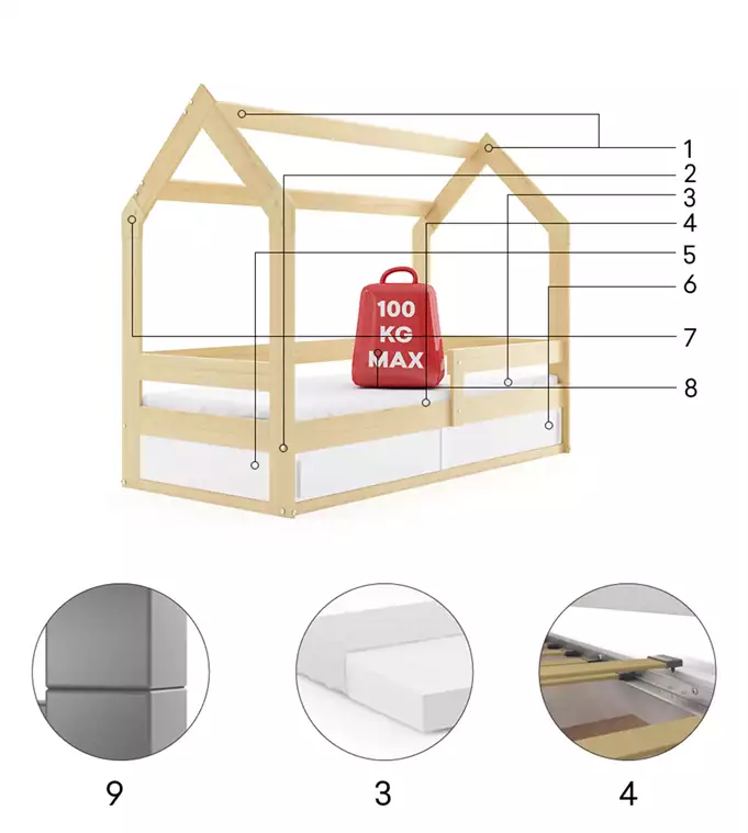 Single children's bed HOUSE 80x160 with mattress and storage box, pine - Image 3
