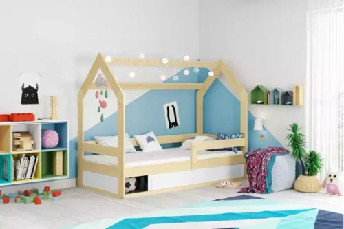 Single children’s bed HOUSE 80×160 with mattress and storage box, pine