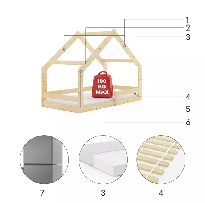 Single children's bed DOMEK 80x160 with mattress, natural wood - Image 3