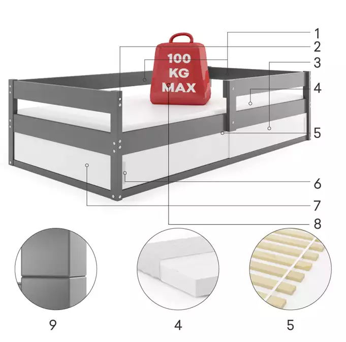 HUGO single children's bed 80x160 with mattress and storage box, graphite color - Image 4